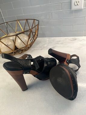 Frye Black Leather Platform Slingback Heels with Brown Wood-Look Heel